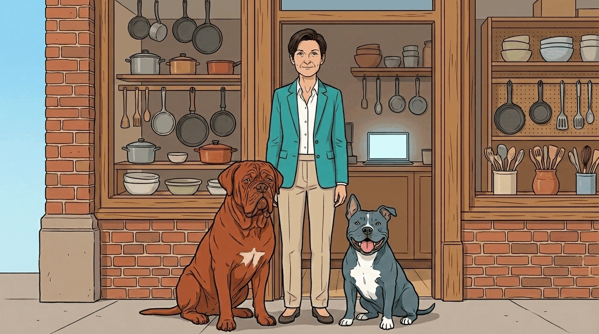 Carine met haar twee honden voor de keukenzaak Keukenlust