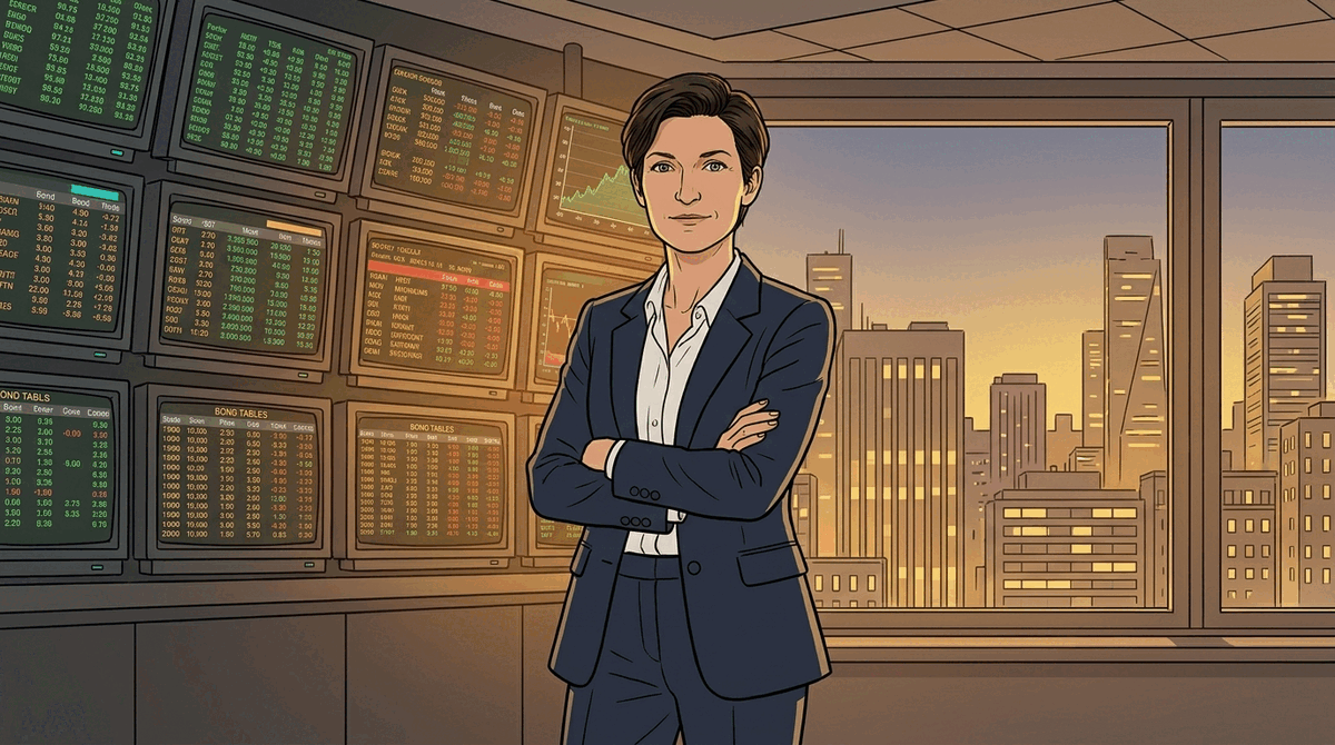 Carine als jonge vrouw voor een wand vol financiële schermen in de jaren negentig