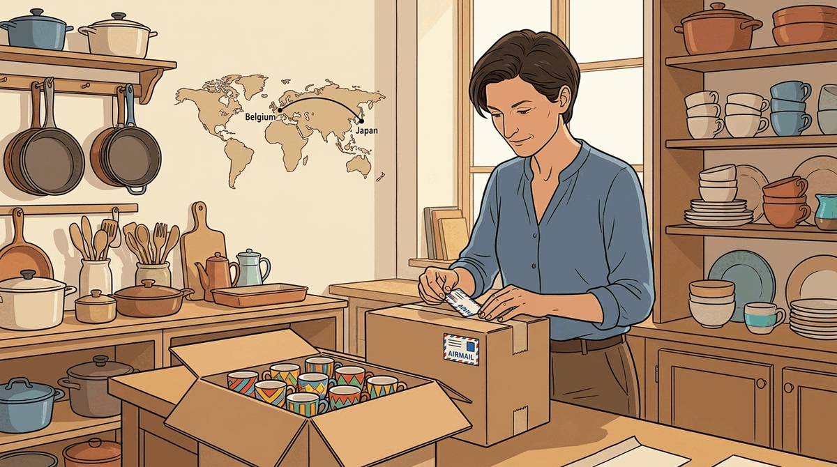 Carine verpakt een doos designkopjes bestemd voor Japan in de keukenzaak