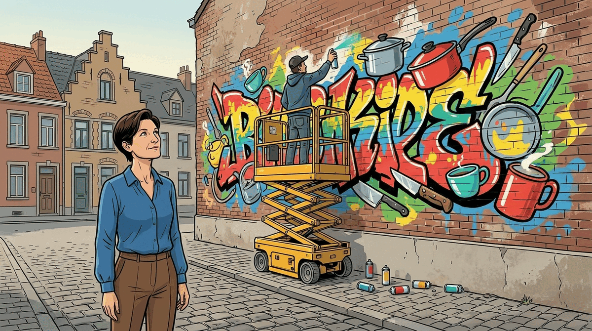 Een kleurrijke streetart-muurschildering in een Belgische stad ter ere van de winkel Keukenlust
