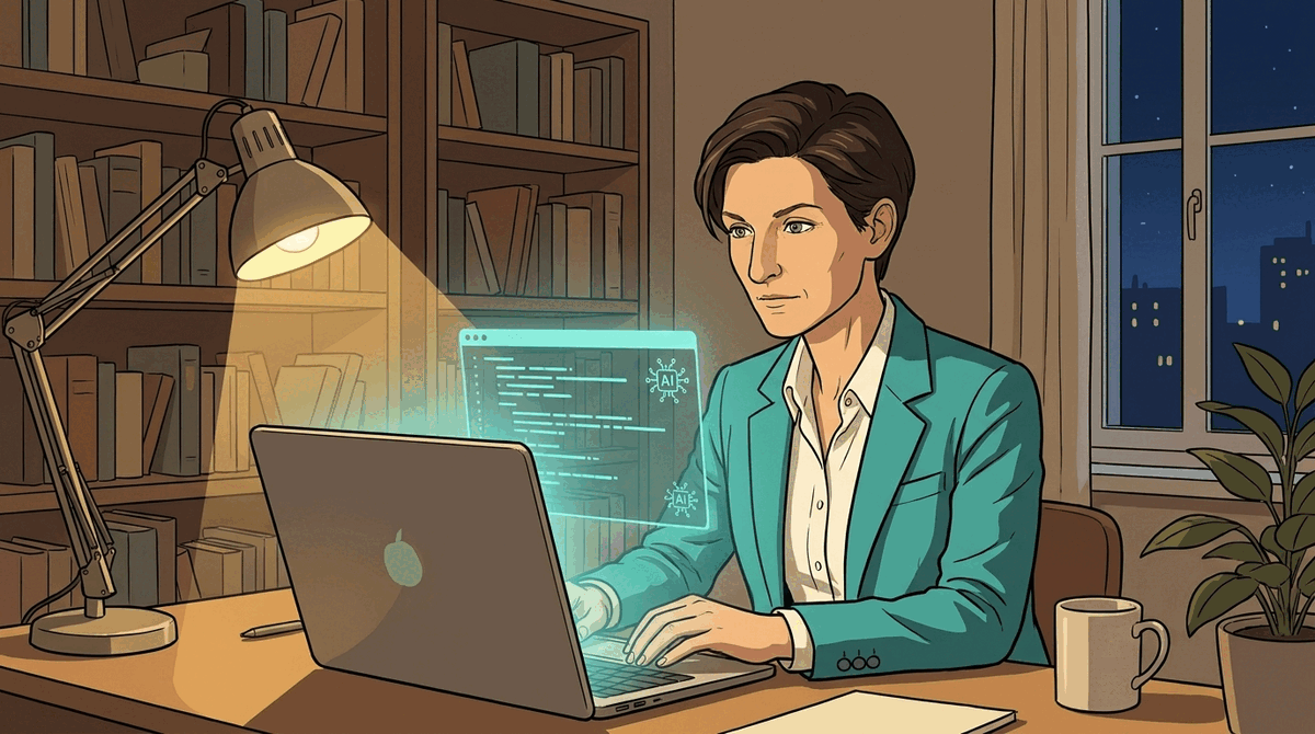 Carine aan een laptop bij nacht, het scherm gloeit met AI- en netwerkiconen