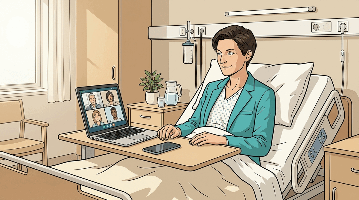 Carine werkt vanuit een ziekenhuisbed op een laptop en neemt deel aan een videogesprek
