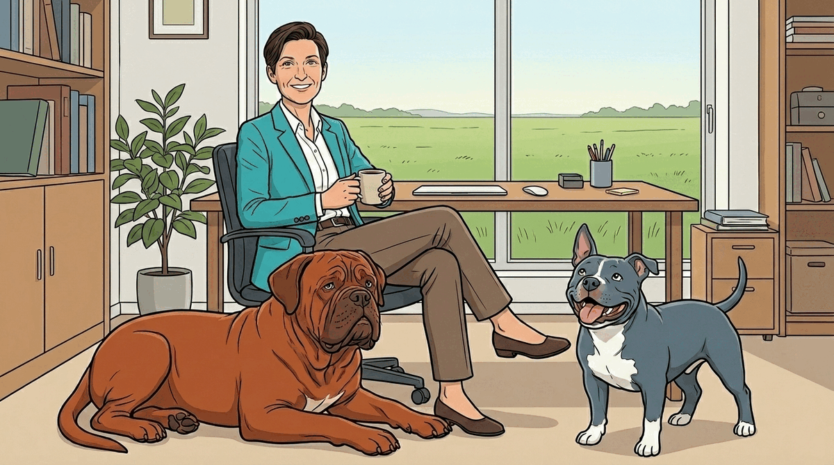 Carine ontspannen aan haar bureau met haar twee honden, een open veld door het raam